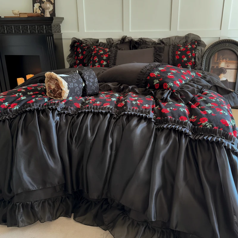 Red Rose Flowers Printing Bedding Sets Luxury Black Egyptian Cotton Lace Princess Duvet Cover Bed Skirt Pillowcases Home Textile