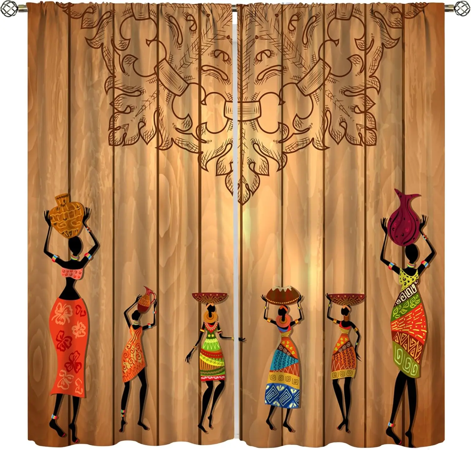 African Girl Blackout Curtains Abstract Art Patterns Wood Grain Jugs Colorful Illustrations Window Treatments for Bedroom