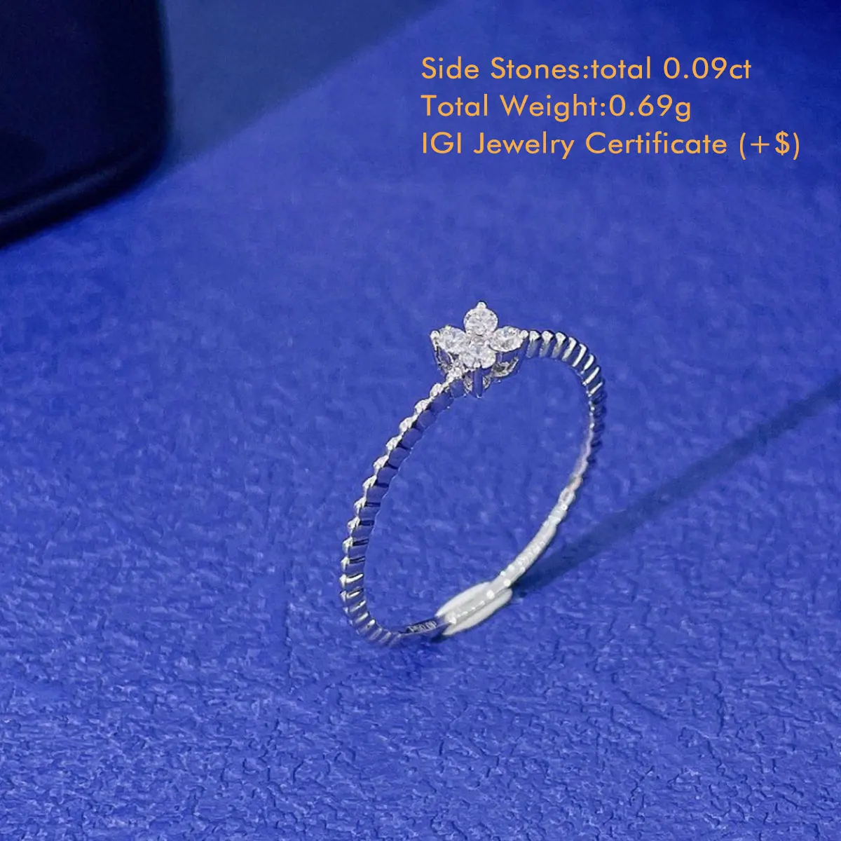 18K White Gold Lab Grown Diamond Ring Total 0.09ct Four Leaf Clover Shaped Round Diamond Ring Bead Shank Genuine Diamond Ring