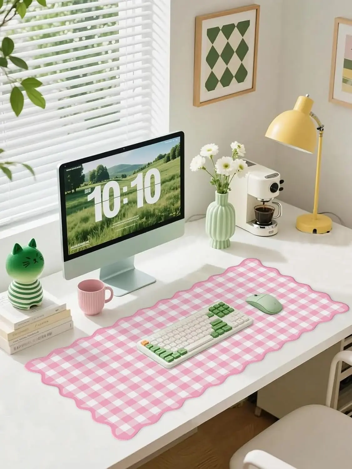 Scalloped‌ Checkered Desk Mat Nonslip Rubber Large Mouse Pad Washable Stitched Edge Gaming MousePad Home Office Kawaii Desk Pad