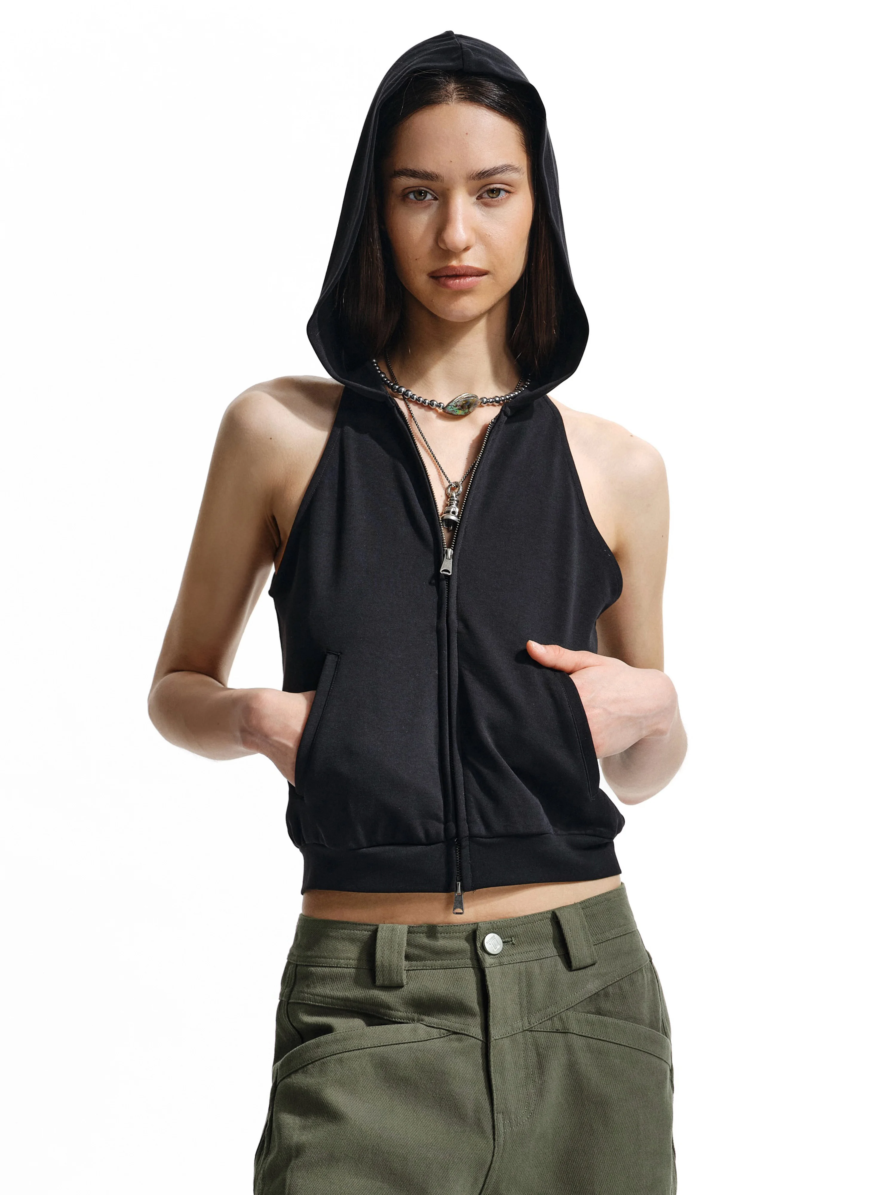 

Double Zipper Hat Design Sleeveless Vest Fashionable Casual Style Women's Tank Top Hooded Cardigan Short Length Color