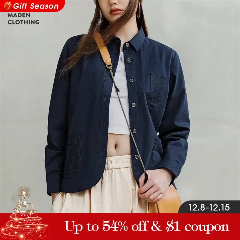 Maden Denim Pocket Patchwork Shirt for Women Long-sleeved Casual Jacket Navy Blue Cotton Shirt Fall Blouses Streetwear Tops