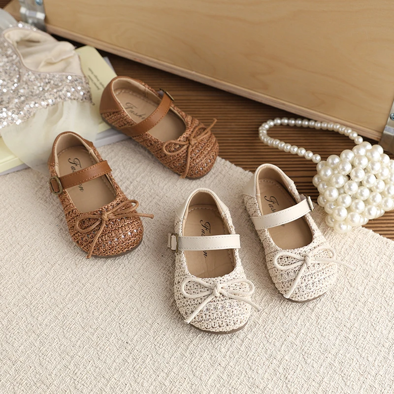 Girls Weave Mary Jane Shoes with Bow-knot Children Flats Leather Shoes for Party Wedding Soft Sole Little Kids Performance Shoes