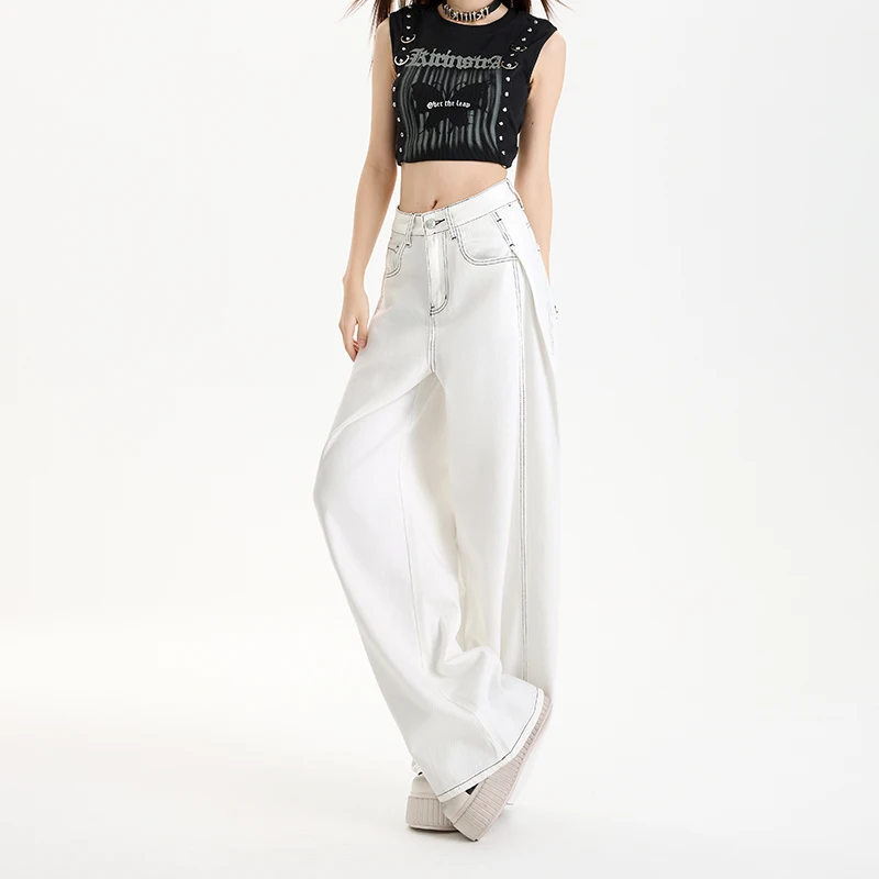 Été mince doux confortable Lyocell tissu femme jean Y2K fille blanc coton ample jambe large pantalon mode pantalon décontracté grande longueur