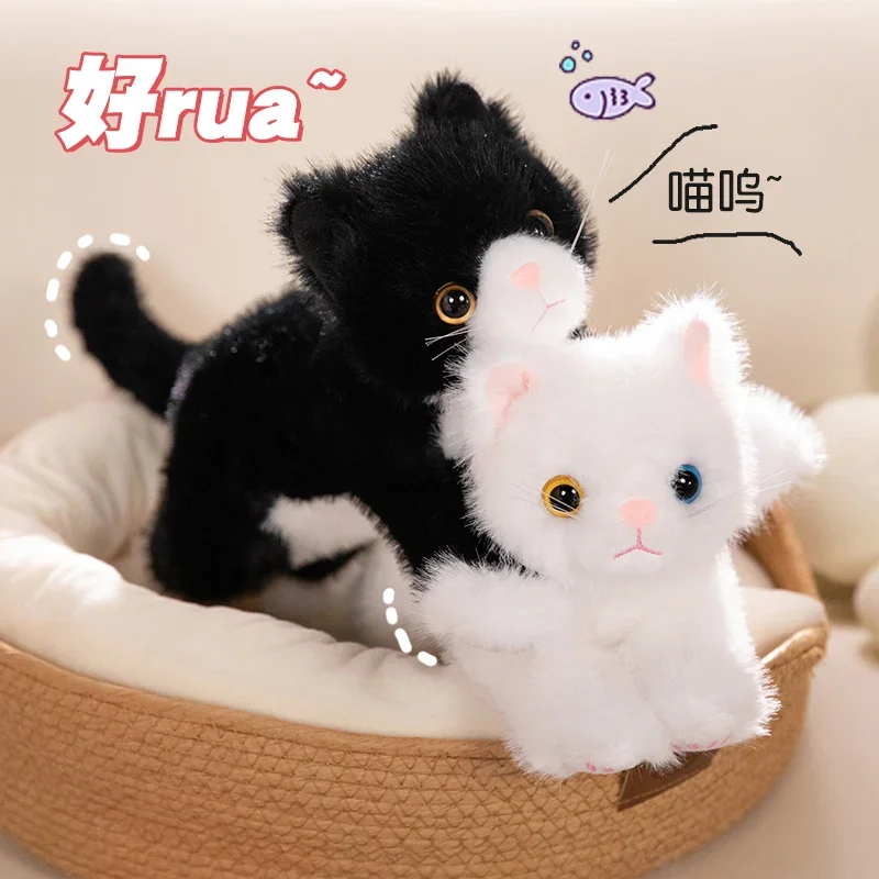 Peluche de gato bonito, juguete de simulación de gato Animal, muñeca suave, negro, blanco, gris, juguete realista para niños, regalo divertido para niños