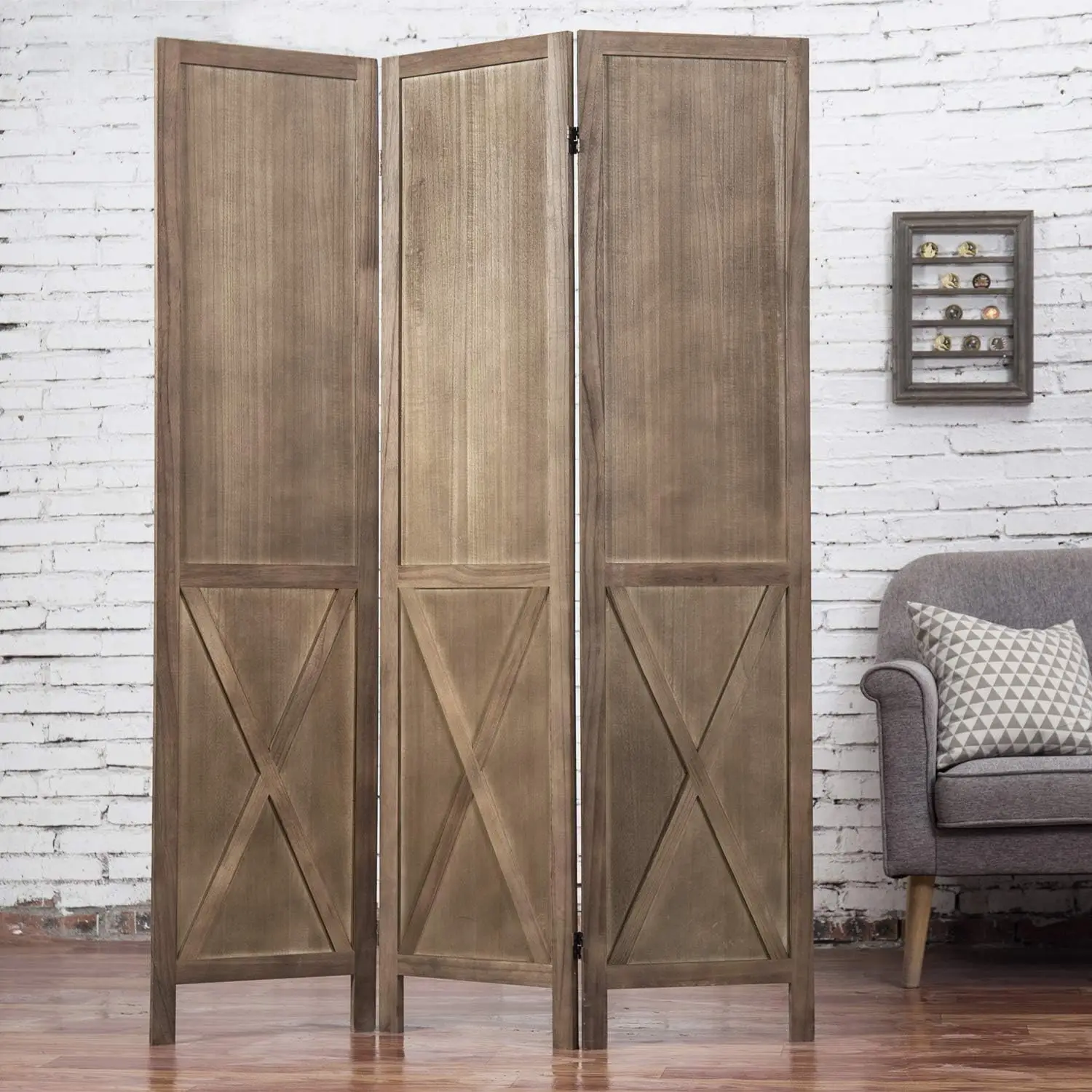 3-Panel Burnt Wood Room Divider Folding Burn Wood Privacy Screens For Room Separation With Dual-Action Hinges