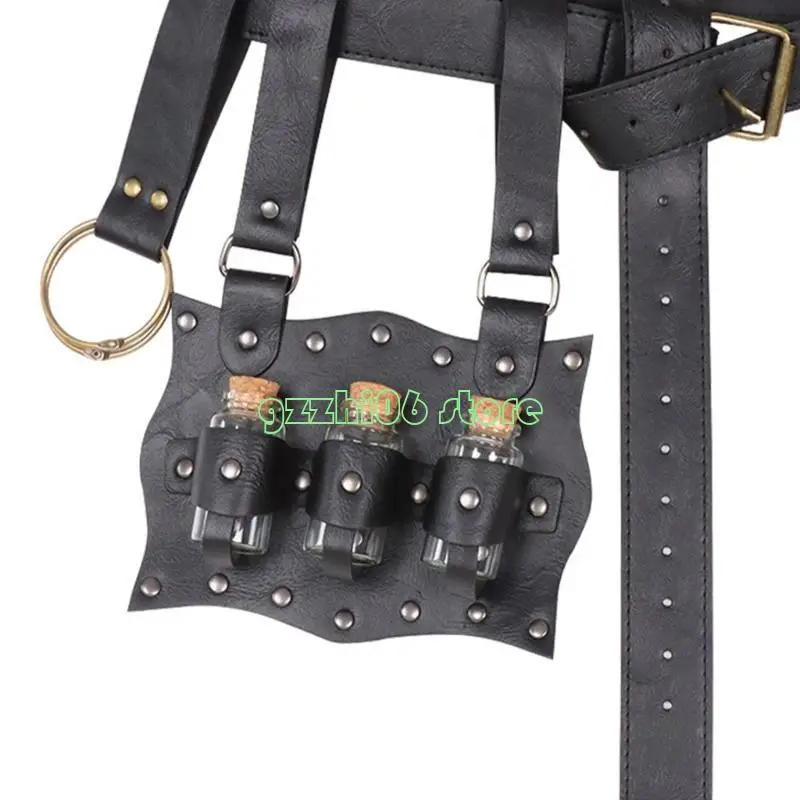 

T5UF Medieval Leather Waist Bag Leather Belt Wizard Waist Pouches Side Pack Cork Potion Bottle Medieval Leather Belt Bag