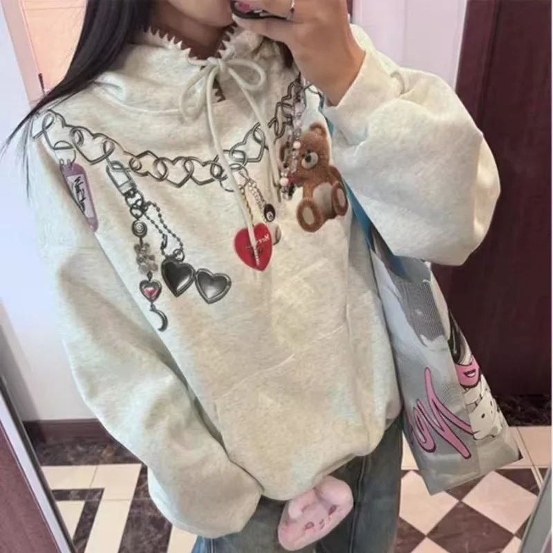 Vintage American Cartoon Print All Match Hoodies Y2k Aesthetic Japan Punk Loose Sweatshirts Harajuku Subcultural Casual Clothes