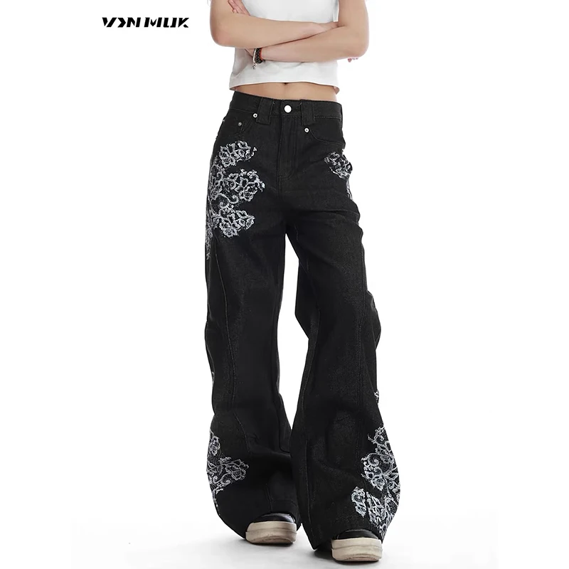 ZHIZOU American Pattern Embroidery Baggy Black Jeans Women High Street Vintage Y2K Hip Hop Fashion Casual Wide-leg Pants Autumn