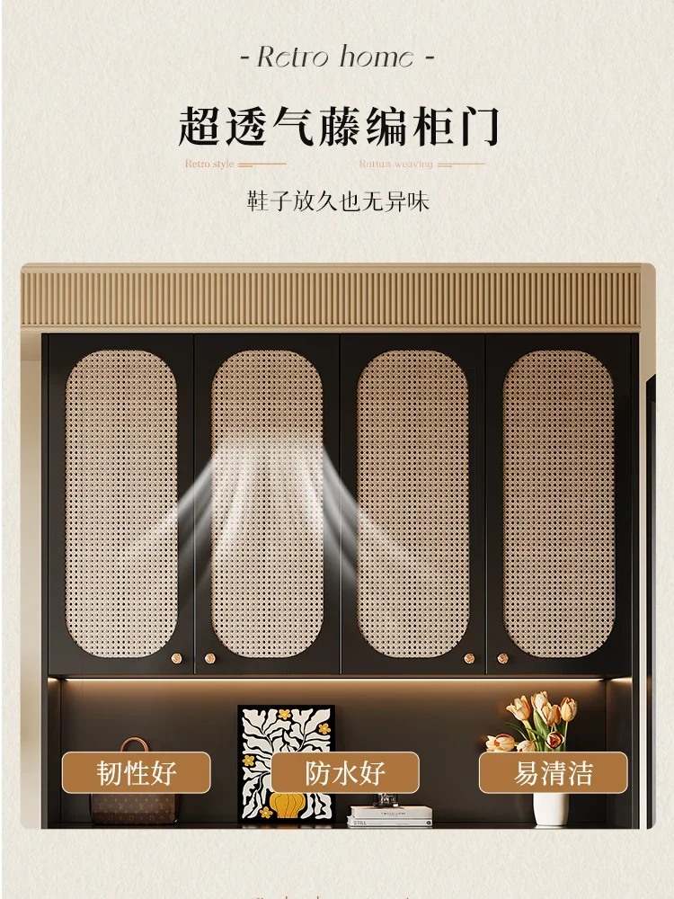 Retro rattan woven home shoe cabinet, entrance cabinet integrated living room partition cabinet, solid wood screen decorative ca