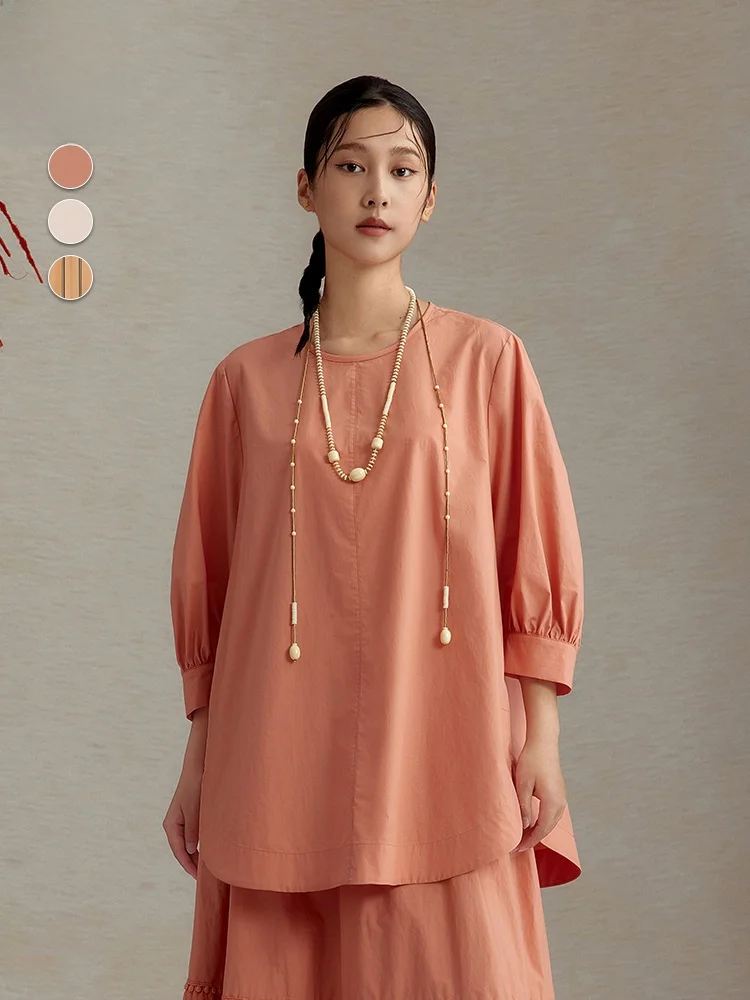 

Fashionable Mid-Length Seven-Sleeve round Neck Pure Color Women's Shirt Simple Style Elegant Design Polyester Cotton Blend