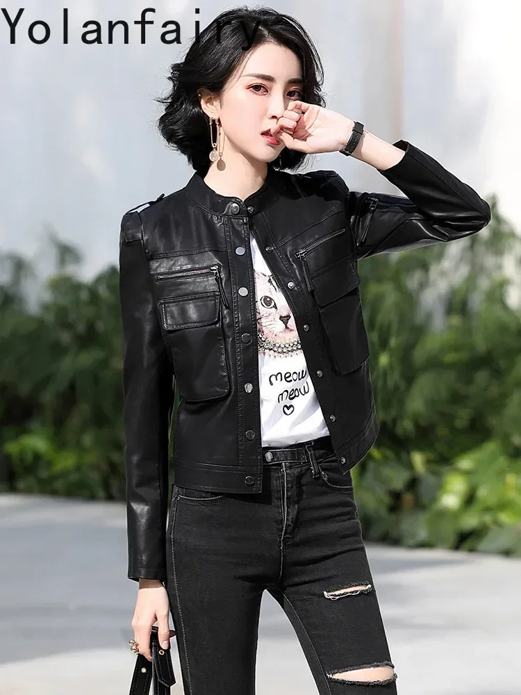YOLANFAIRY Naturalna Skórzana Kurtka Damska Odzież Wąska Krótka Prawdziwa Skóra Owcza Płaszcz Damskie Kurtki Motocyklowe Куртка Женская Кожаная