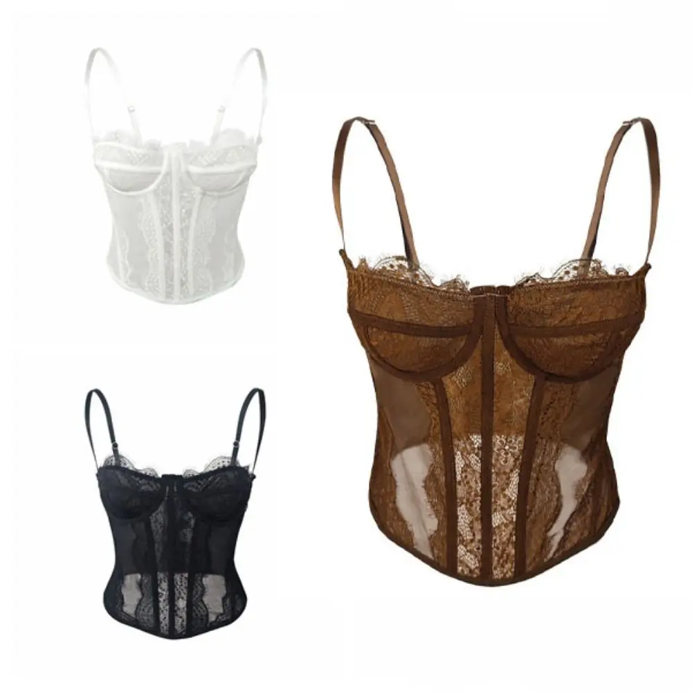Camisole en dentelle creuse Style fille épicée, haut court Transparent, coupe cintrée, Streetwear, sans manches, Corset en dentelle, voyage