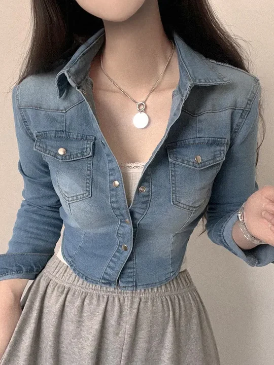 Chaqueta Corta de Mezclilla de Estilo Coreano Retro con un Solo Botón para Mujer, Moda Otoñal, Talla Pequeña, Juvenil, Manga ...