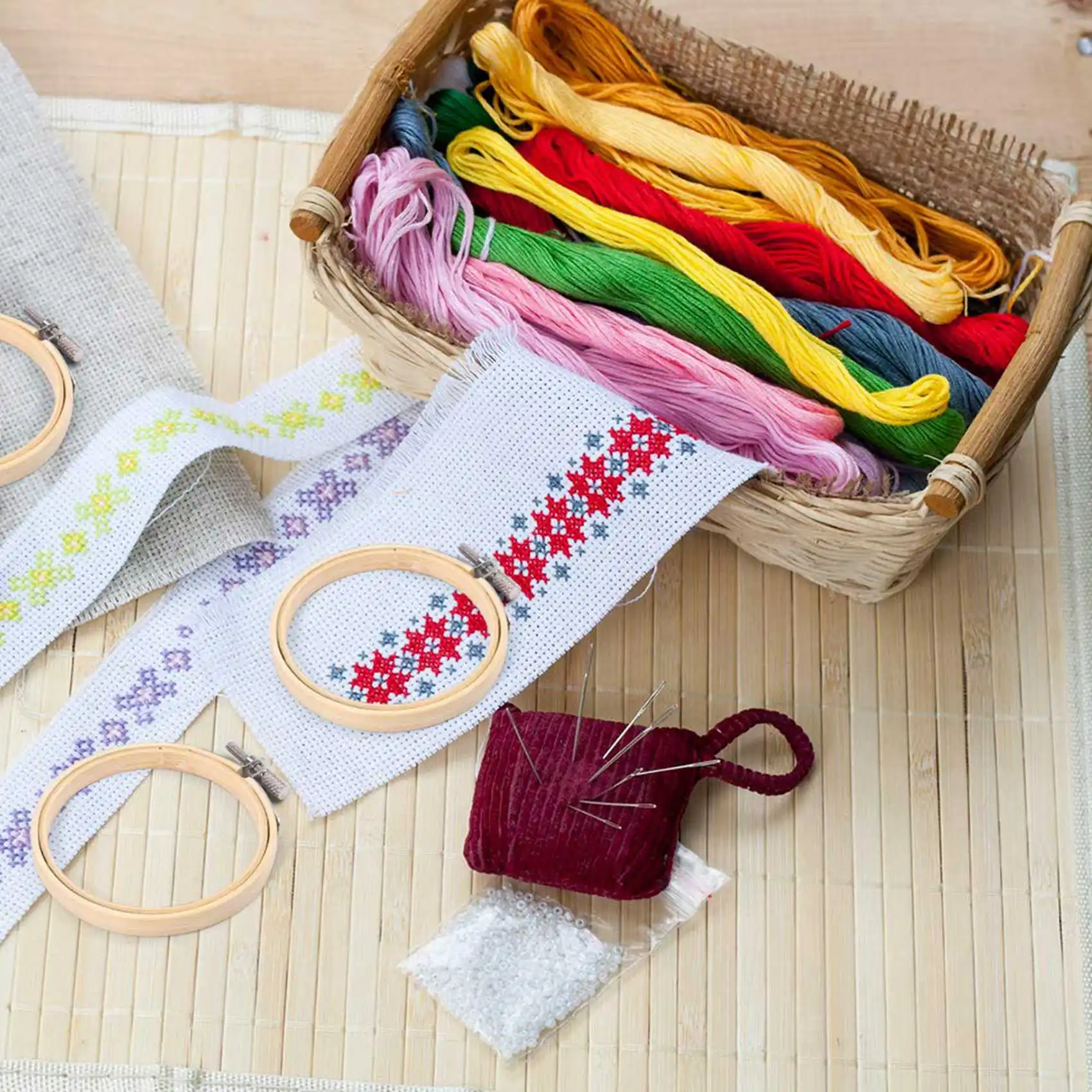 

VEHO-60 Pieces 3 Inch Bamboo Embroidery Hoops Round Wooden Circle Cross Stitch Hoop Round Ring For Art Craft Handy Sewing