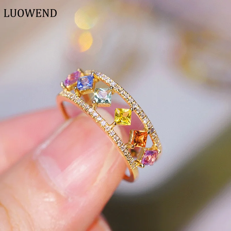 

LUOWEND 18K Yellow Gold Rings Real Natural Color Sapphire Diamond Ring for Women Anniversary Gift Romantic Style High Jewelry