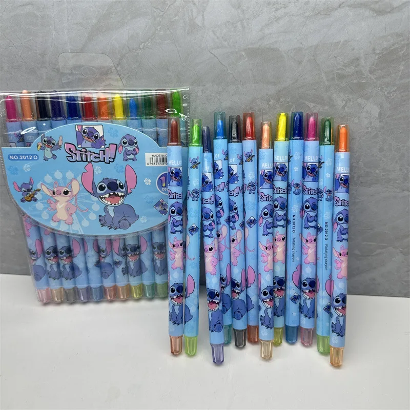 Disney Stitch Rotating Oil Pastel Cartoon 12-color Crayon Card Long Coloring Pens Students Painting Class Supplies Birthday Gift