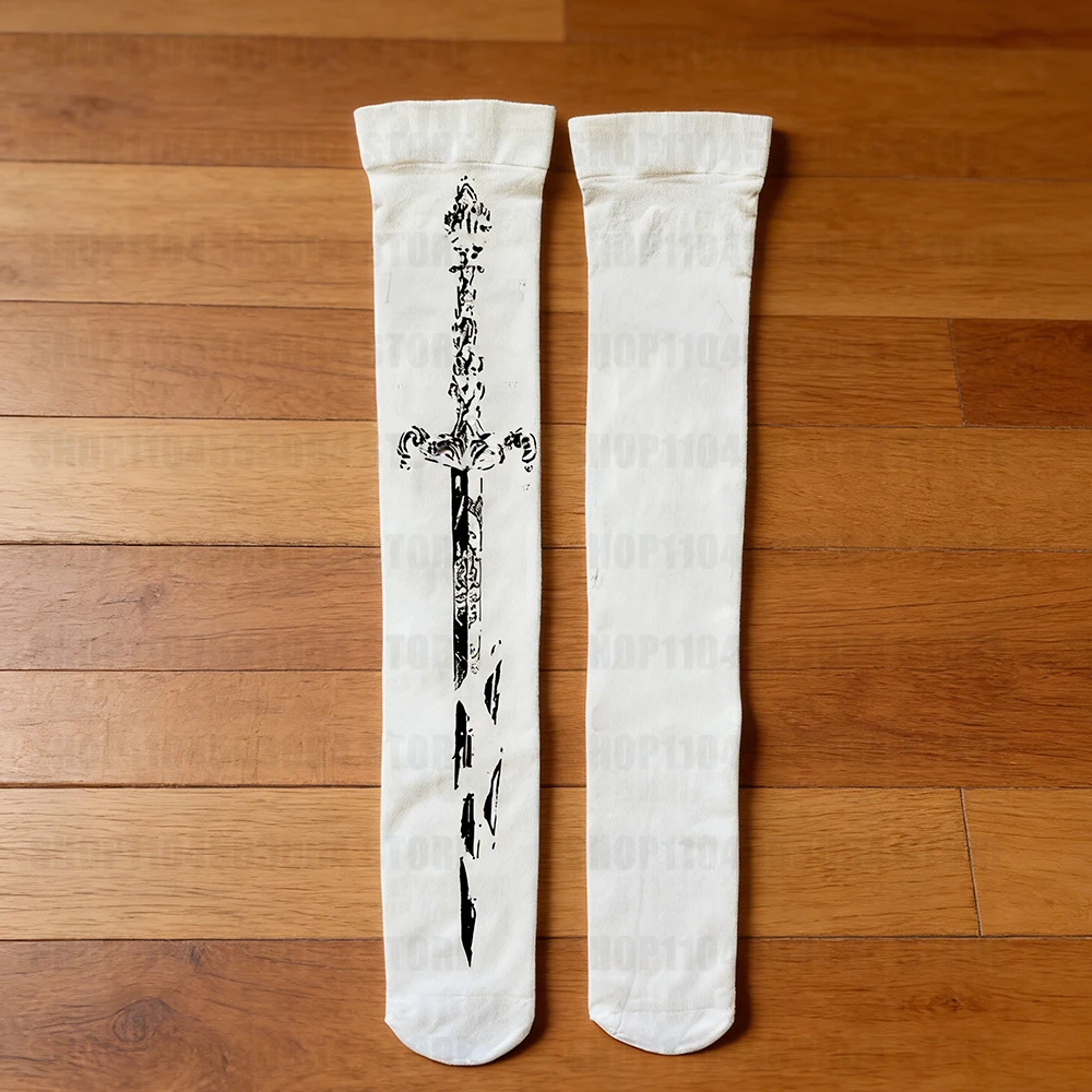 Long Sword Printed Korean Y2K Women's White Knee length Socks, Simple and Practical, with Monographic Printed Patterns