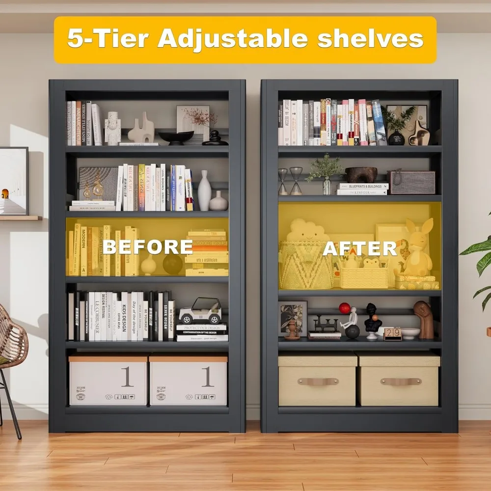 رف كتب معدني عريض مقاس 36 بوصة مع 5 أرفف، طراز صناعي أسود، قوي وطويل للكتب ذات الغلاف الصلب