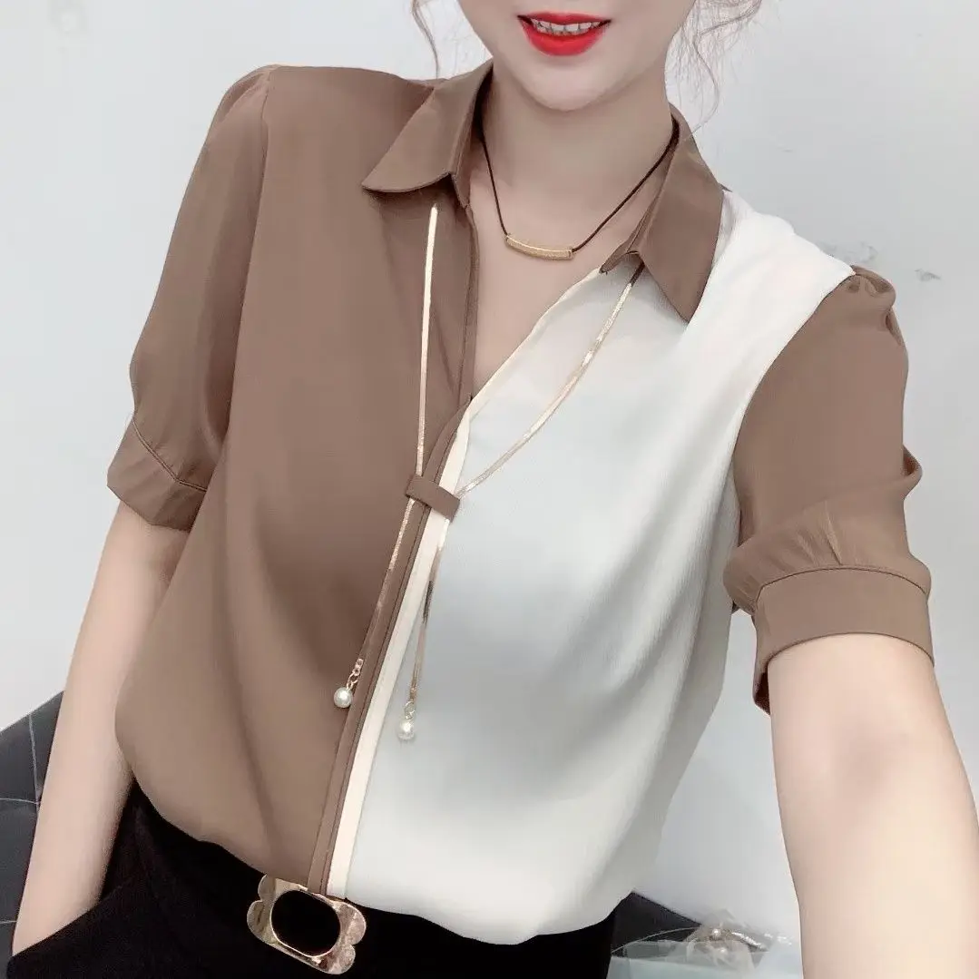 Women Summer Fashion Temperament Loose Color Blocking Polo-Neck Short Sleeve Shirts Women Clothes Casual All-match Elegant Tops