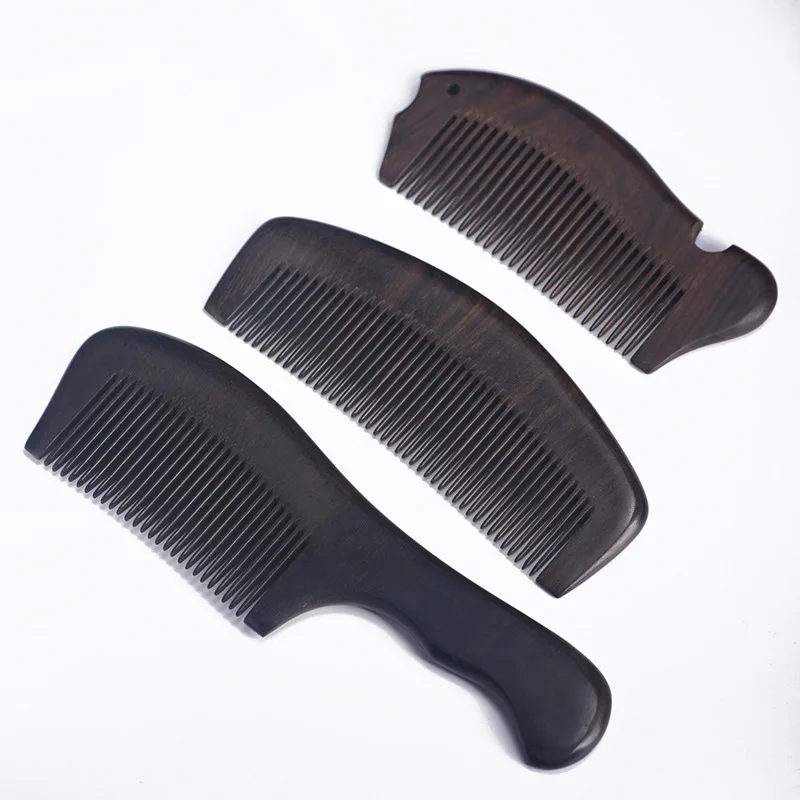 Natural solid wood -toothed wooden set in a vintage style, fish-shaped black ebony comb with fine teeth, portable