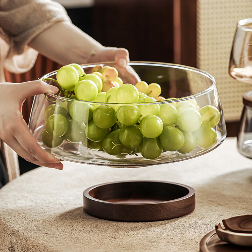 Resistant Round Glass Fruit Salad Bowl Creative Wood Base Large Serving Bowl for Kitchen Home   Snacks Nuts Storage Container