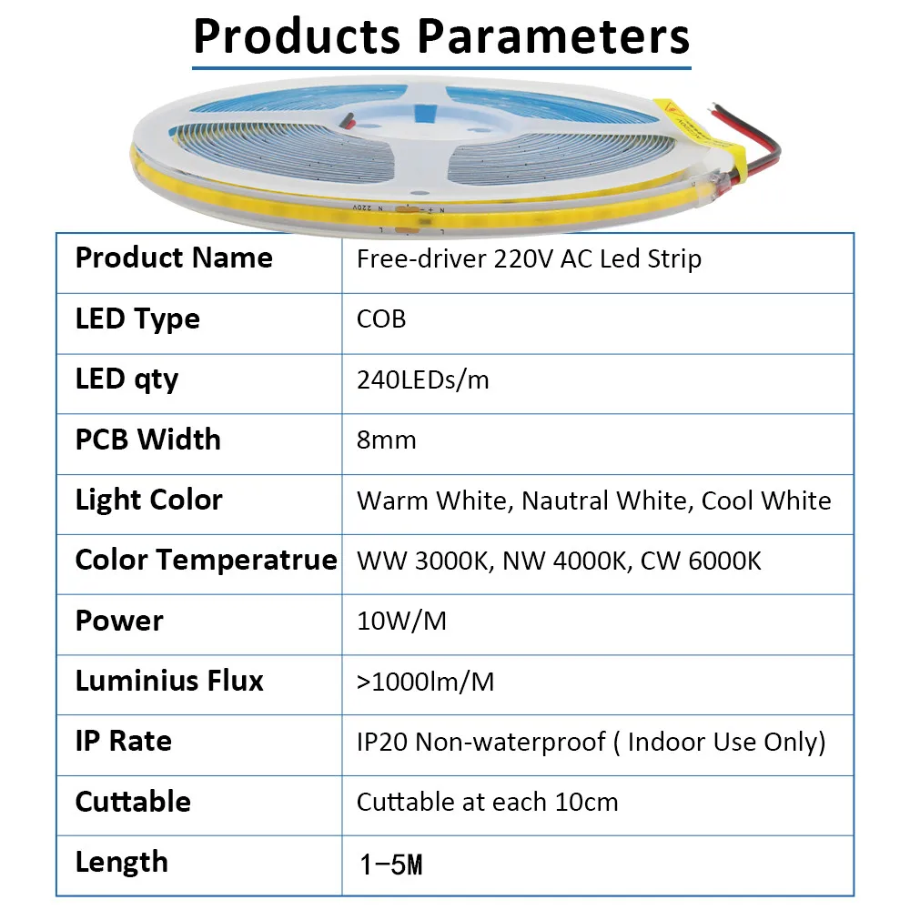 220V COB LED Strip Light Flexible Tape Lights No Need Driver High Bright 240 LEDs/m Linear Lighting Warm Cold Natural White 1-5M
