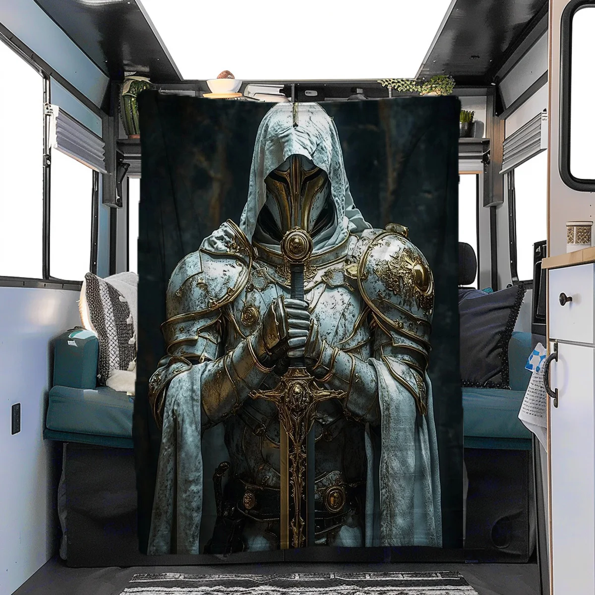 Vintage Gothic Templar Knight Golden Silver Armor Hooded Warrior Pattern Flannel Fleece Blanket Warm Plush Bed Throw