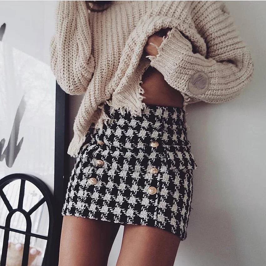 

2024 New Fashion Women HIGH STREET Runway Designer Skirt Women's Lion Buttons Double Breasted Tweed Wool Houndstooth Mini Skirt