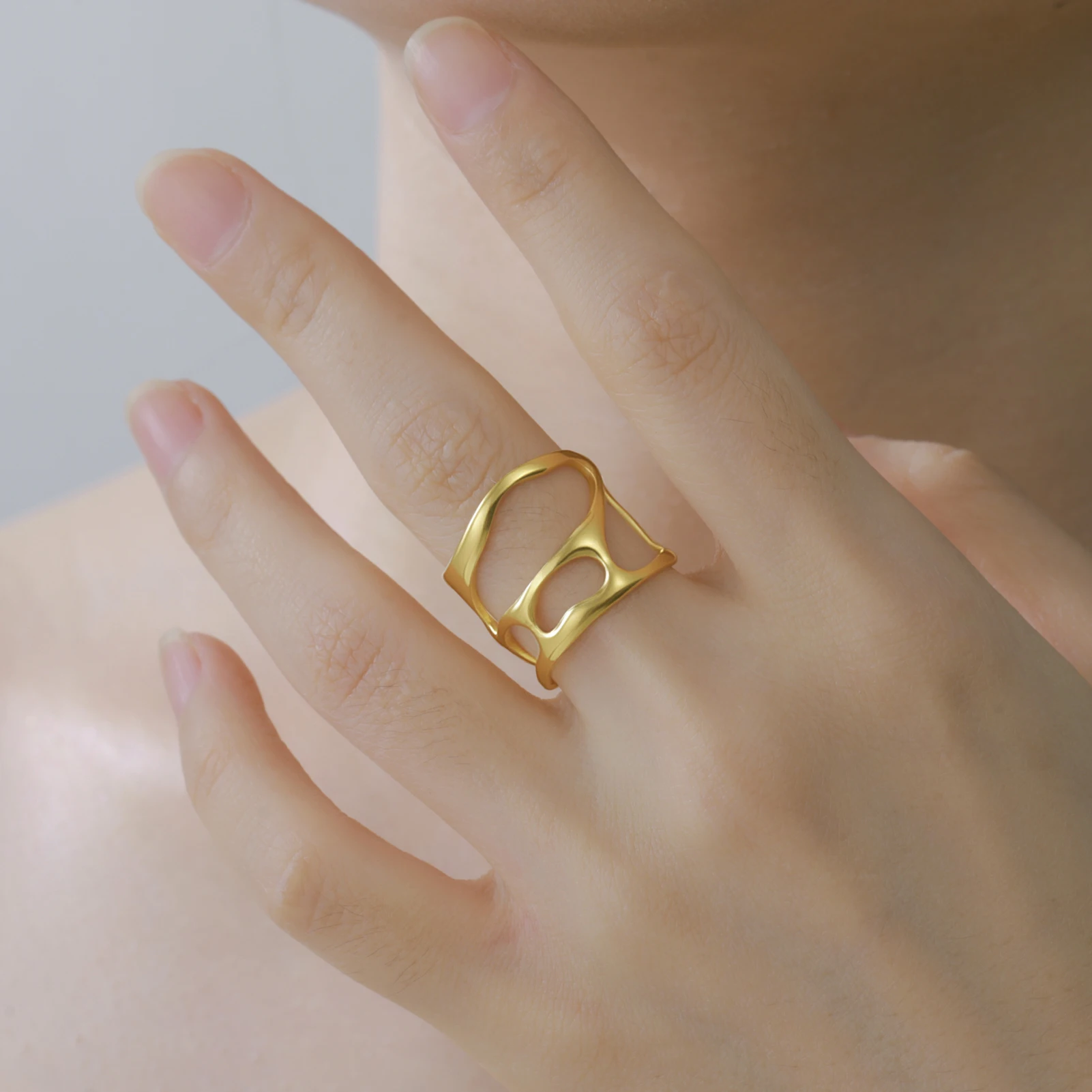 COOLTIME Edelstahl Wasserdicht Ring Mode Vergoldet Unregelmäßige Hohl Offene Ringe Multi-schicht Anillos Schmuck – Detail 9