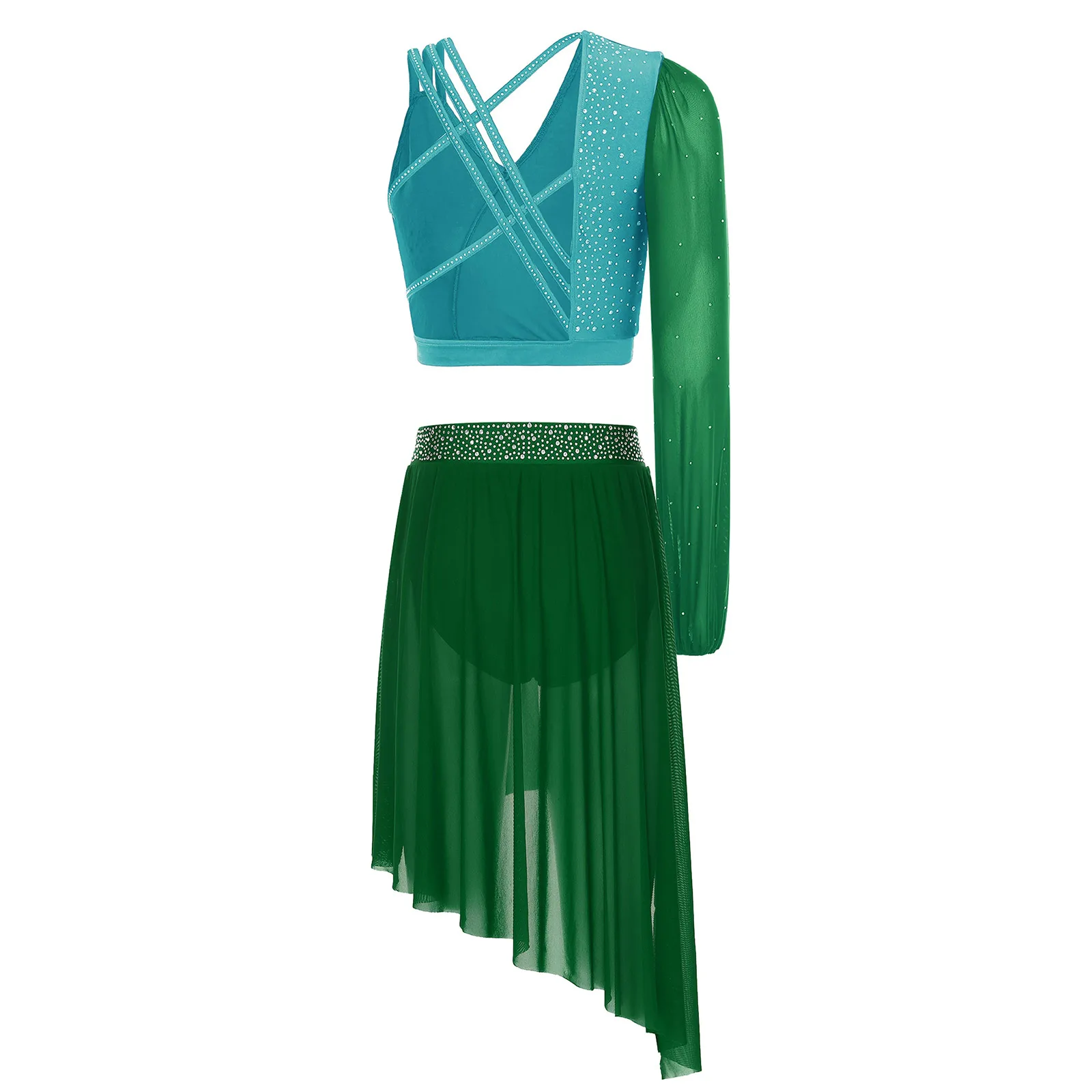 Womens Figure Skating Gymnastics Ballet Dance Outfit Modern Dancewear Shiny Rhinestone One Shoulder Crop Top And Skirt Leotard