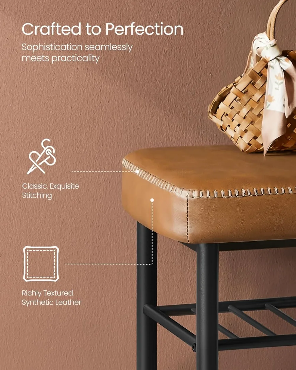 مقعد رف أحذية حديث من منتصف القرن مع مساحة تخزين، جلد صناعي، يحمل 300 رطل، بني كراميل للمدخل #5