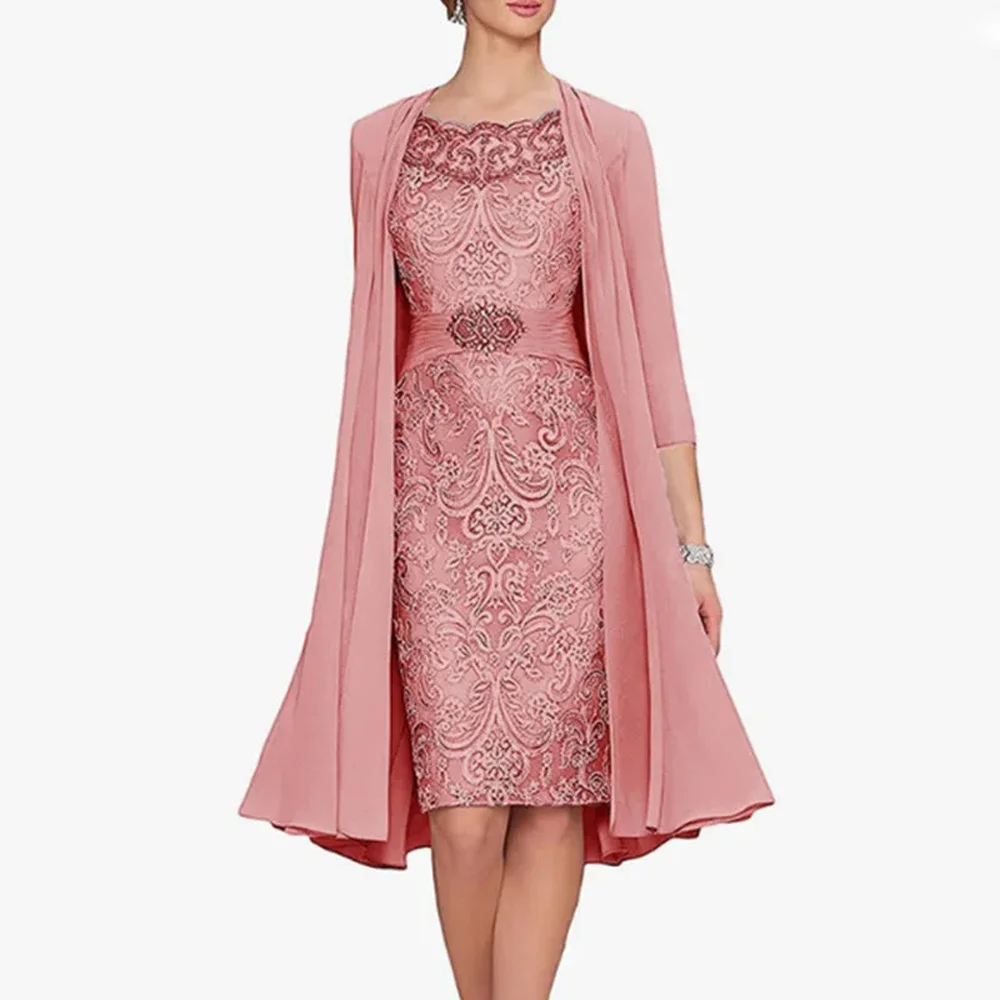 فساتين أم العروس شيفون مخصصة مع سترة بطول الركبة 3/4 كم دانتيل لحفلات الزفاف وحفلات التخرج وحفلات الأم #3