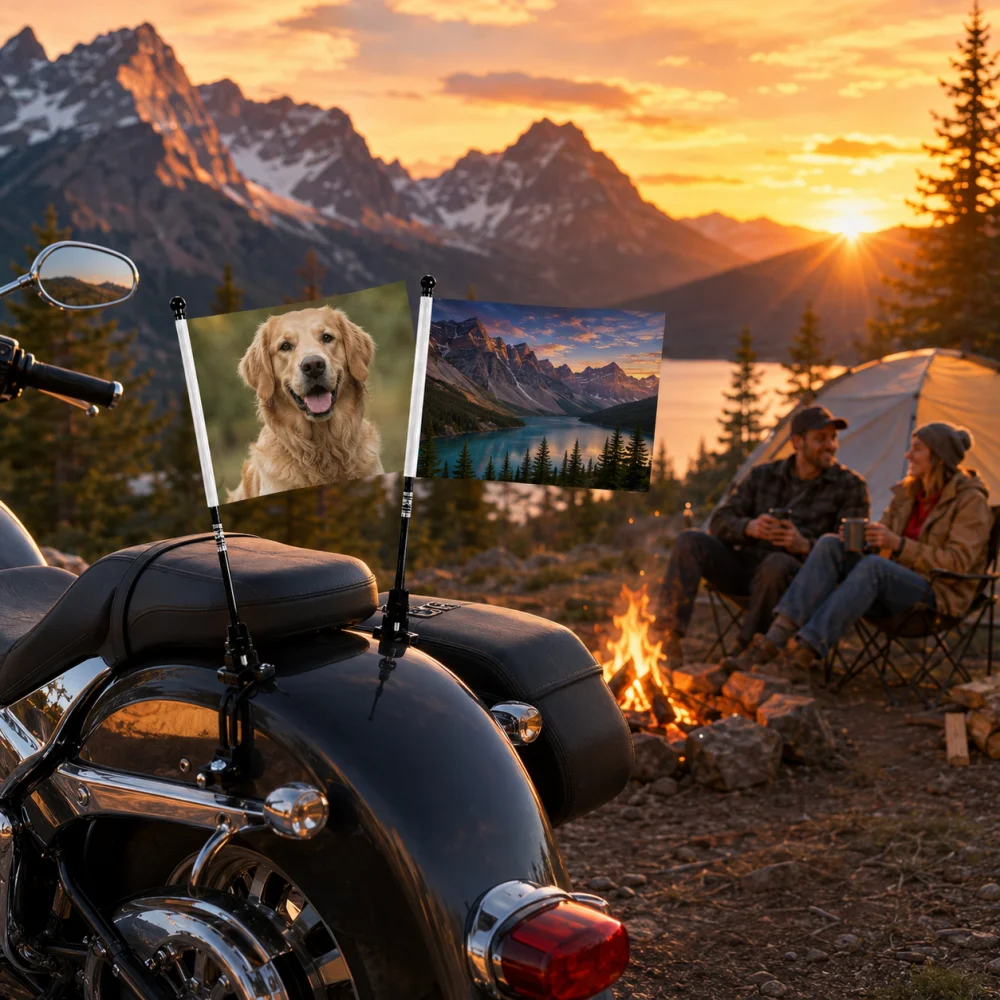 2Pcs Custom Photo Motorcycle Flag Set with Plastic Pole Double Sided Different Print Motorbike Handlebar Decor Flag Kit