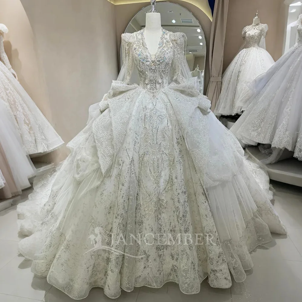 Luxury V-neck Ball Gown Wedding Dresses for Bride Beads Long Sleeve Customized Organza Bridal Gowns Vestidos De Novia Tassel