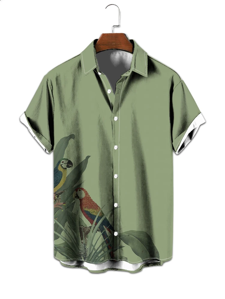 

Summer hot selling fashion trend men's lapel short-sleeved shirt bird 3D digital printing shirt personality comfortable shirt