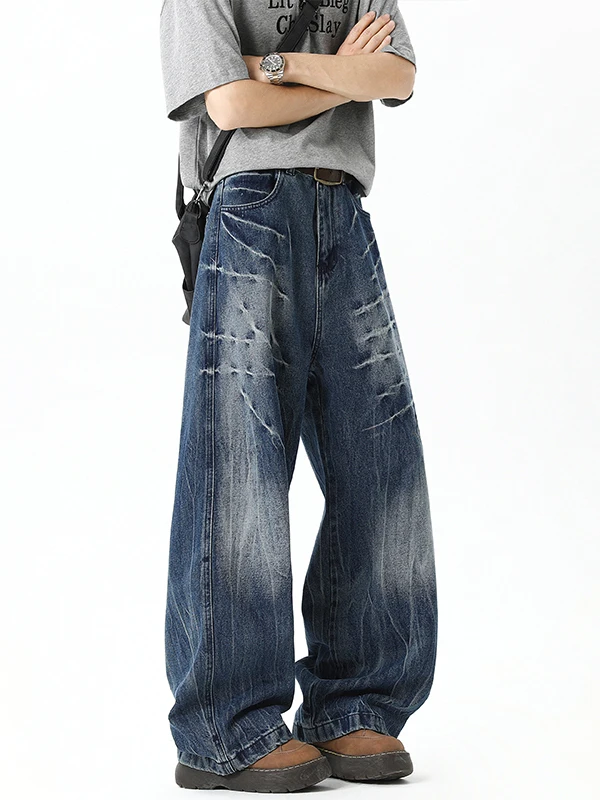 

Washed American High Street Lightning Pattern Men's Jeans Spring Cleanfit Loose Straight Casual Long Pants Cotton Polyester B...