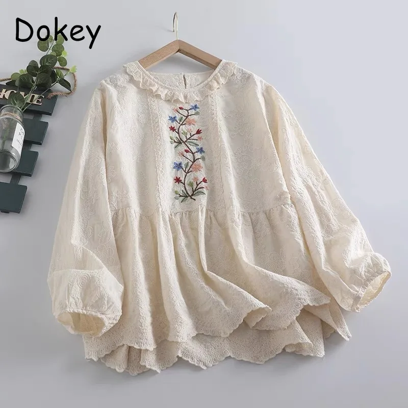 

Vintage Embroidery Cotton Linen Tops Women Japanese Mori Girl Style Ruffled O-neck Long Sleeve Loose Blouse Spring Bohemia Shirt