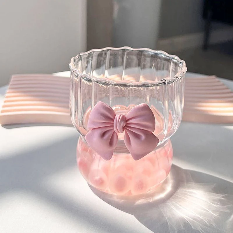 Cute Pink Bow Glass Water Cup Cartoon Bow Glass Cup Striped Cute Doodle Coffee Mug Household Fruit Tea Lemonade Girls Gift