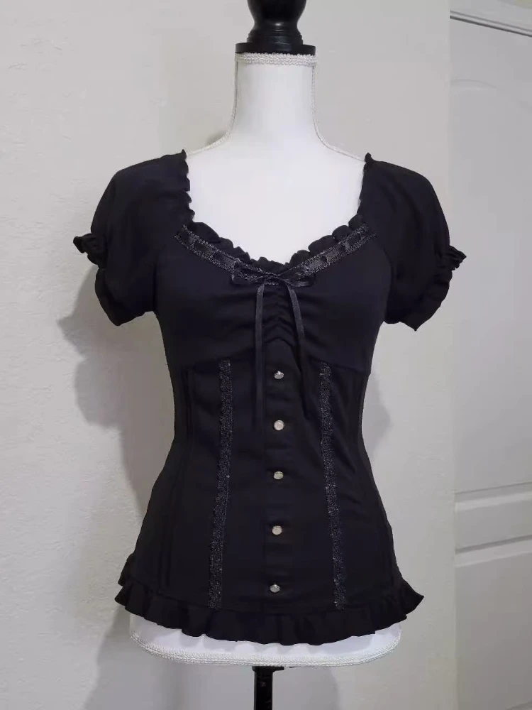 Summer Large Size Slim Black Short Sleeve T-Shirts Women's Vintage Thin Bow Lace Patchwork Short Tees Female Hepburn Chic Blouse