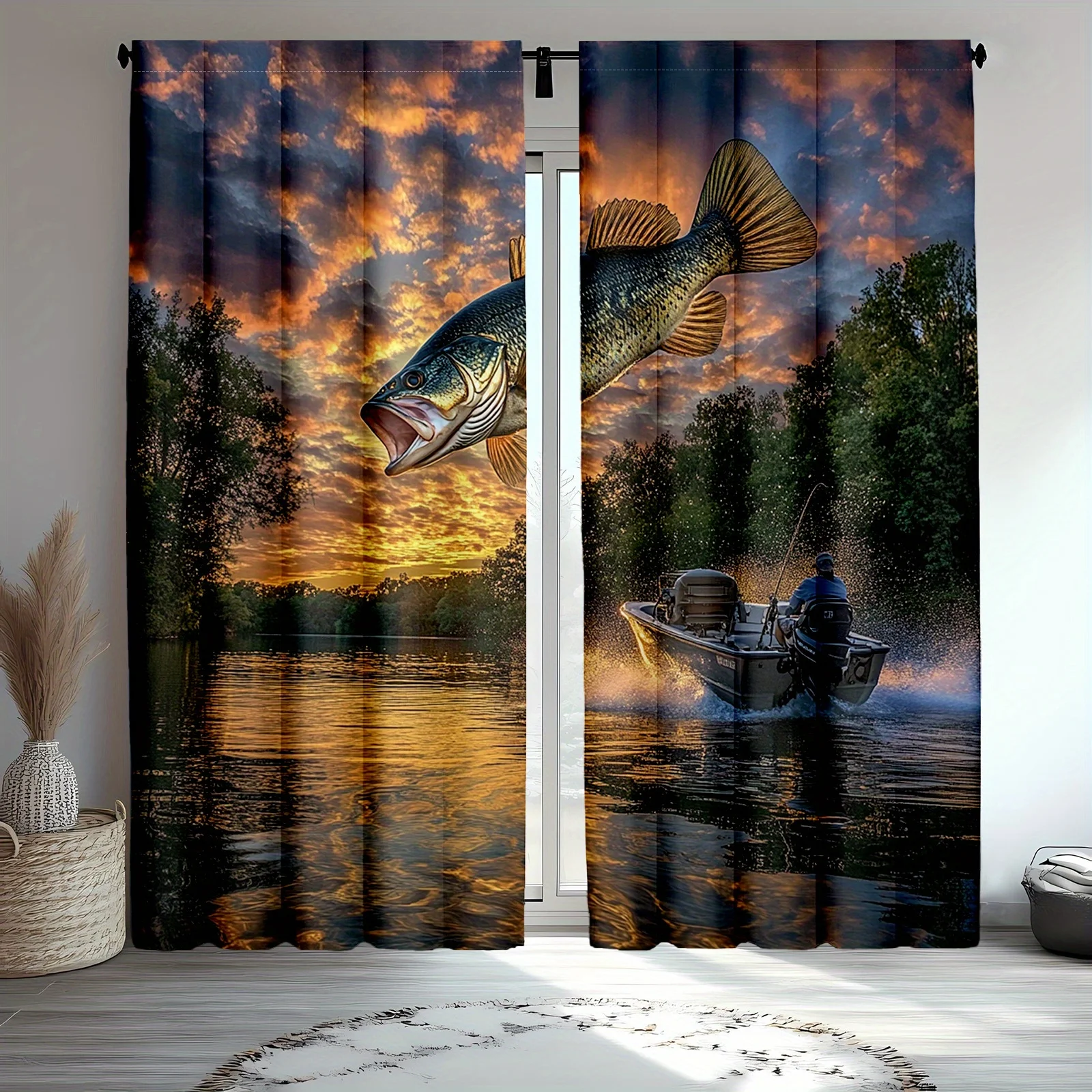 2pcs Sunset Bass Fish Curtains - Vibrant Lake Scene with Angler, Semi-Transparent Polyester, Rod Pocket Design for Easy Hanging,