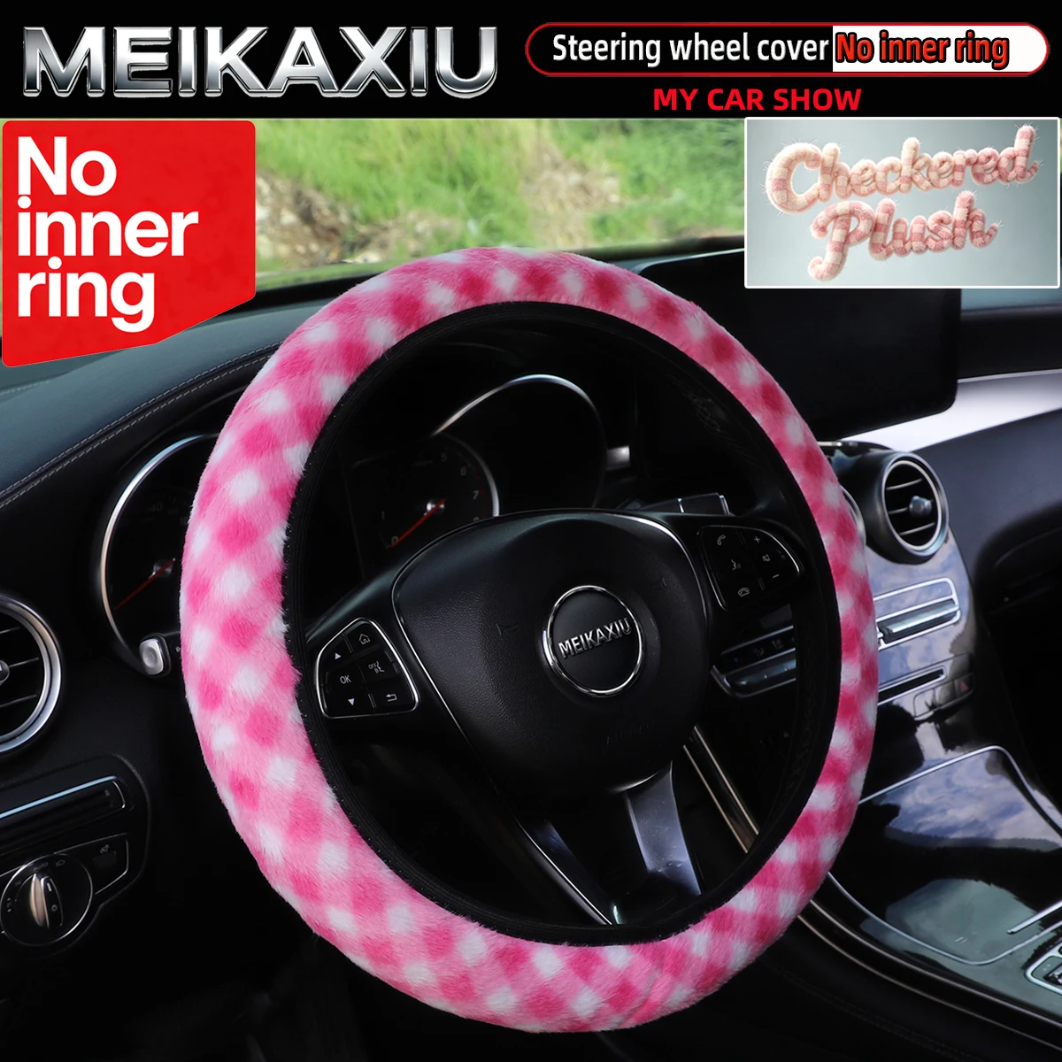 New style Women's Artificial Rabbit Fur Checkered Steering Wheel Cover Car Outer Rim Decorative Accessory 14.5-15 Inches