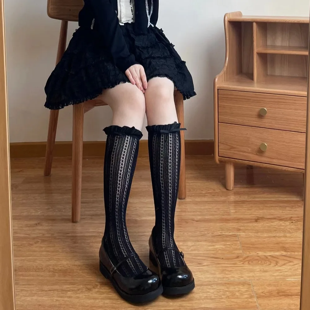 

Милые кружевные сетчатые гольфы с рюшами, милые длинные носки в стиле Лолиты, JK, ажурные чулки для женщин и девочек