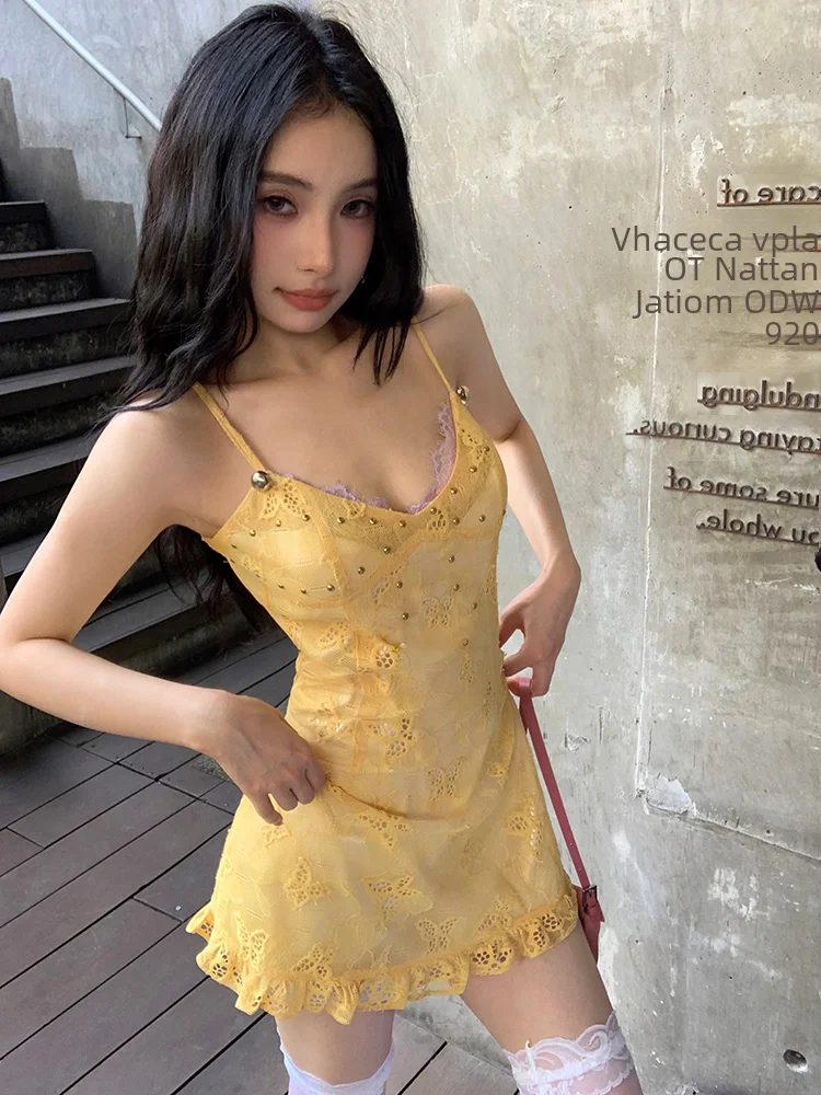 SKMY-Women's Butterfly Lace Embroidered V-Neck Suspender Dress, Summer Vacation Short Dress, Yellow Waistband, A-line Dress 2024