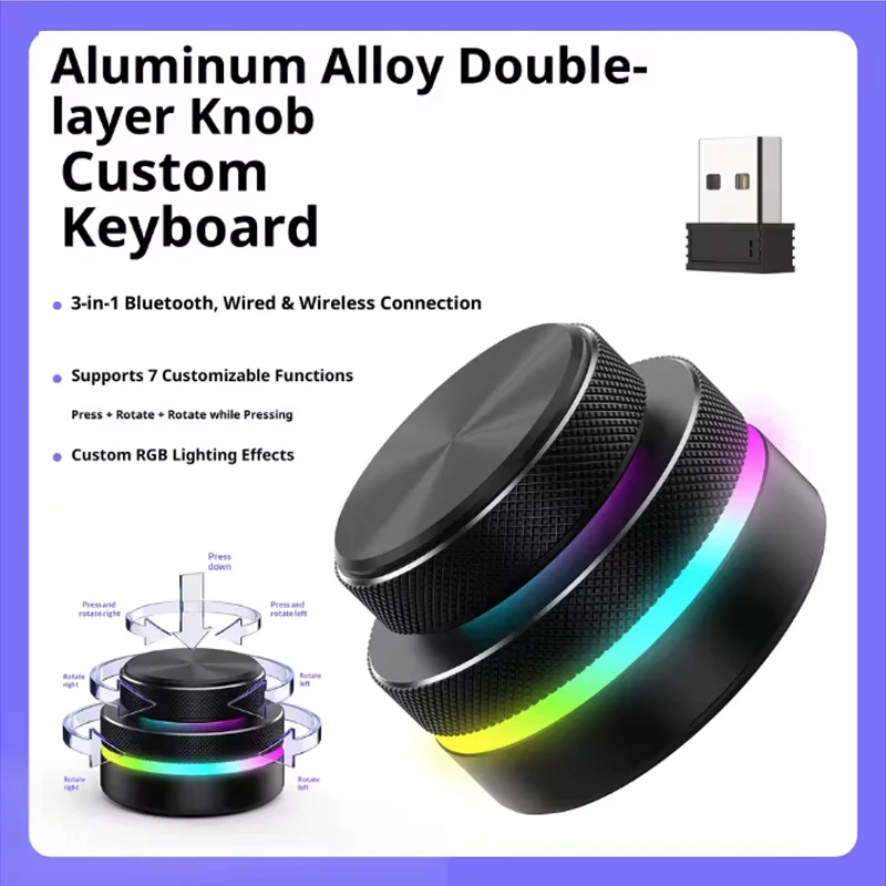 RGB Reverse Direction Knob Single Key Keyboard Wireless 2.4G BT5.0 Type-C Wired Aluminum Alloy Multimedia Encoder for PC Laptop