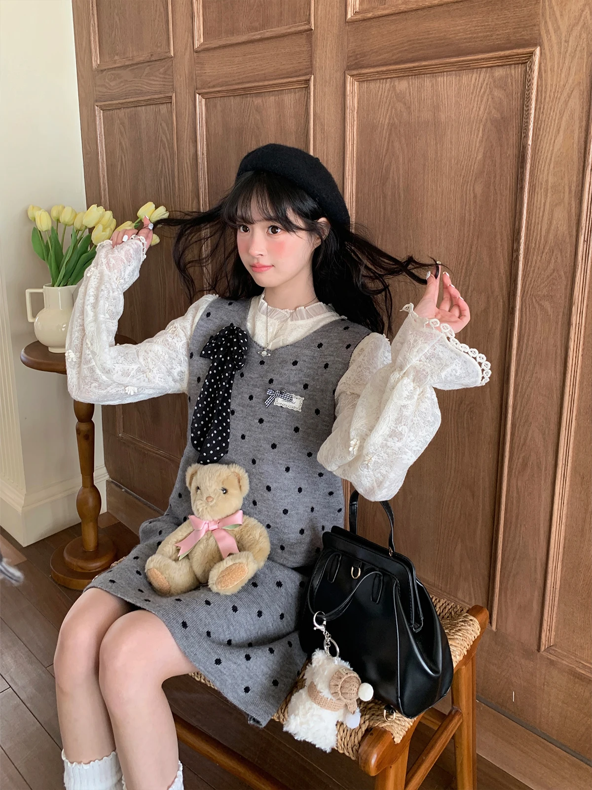 

Вязаное платье-жилет Bibibency Весна 2025 в горошек, женское, базовый слой, миди-юбка, милый стиль, облегающий крой, без бренда