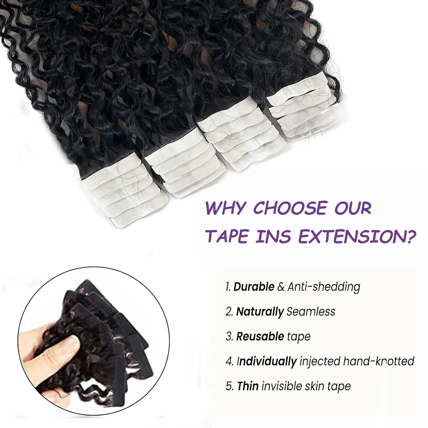 Kinky Curly Tape in Hair Extensions Human Hair Natural Black 100% Virgin Real Human Hair Deep Curly 16 Inches 50G/Pack 20Pcs