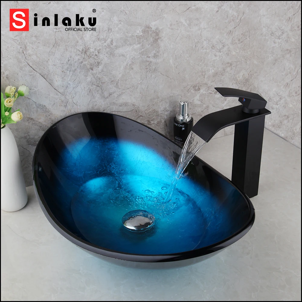 

SINLAKU Bathroom Basin Set Blue Tempered Glass Deck Mounted Vessel With Single Handle Faucet Waterfall Hot Cold Water Mixer Taps