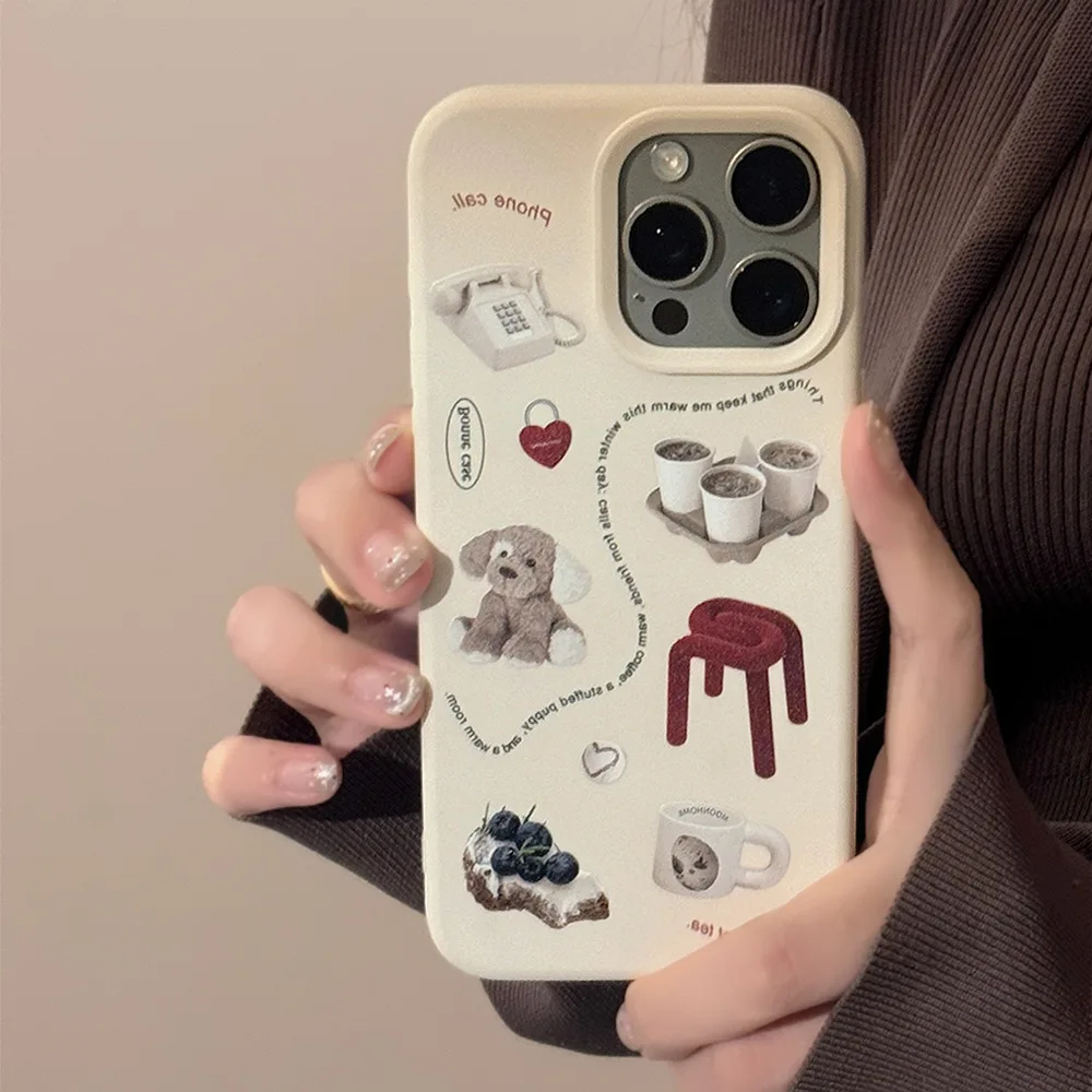Funda protectora de teléfono a prueba de golpes con empalme de silla de café para teléfono con cachorro de dibujos animados Retro para iPhone 16 15 14 13 12 11 Pro Max Plus