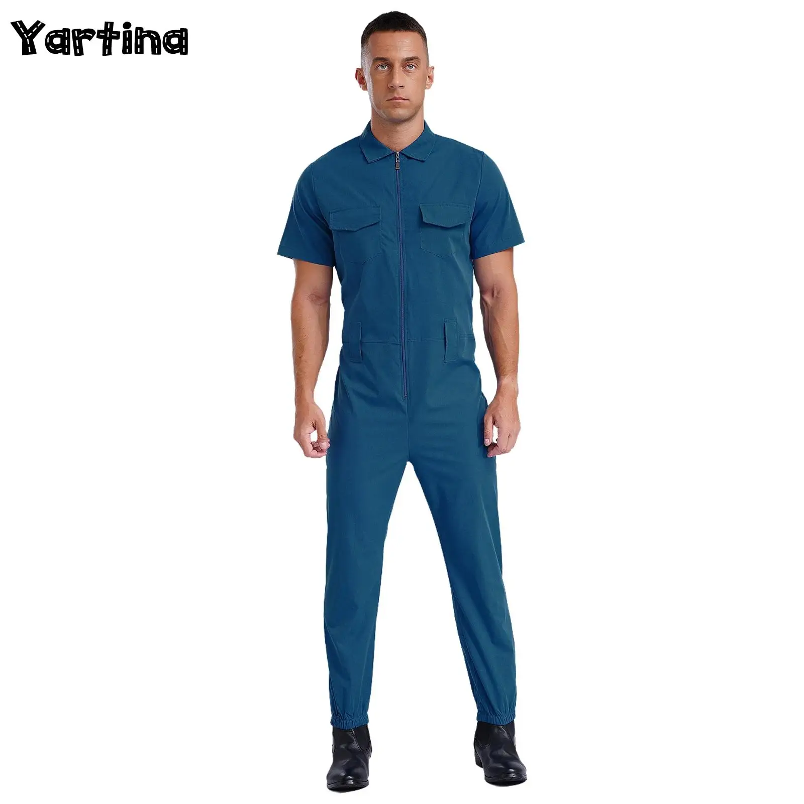 Mens Coveralls Jumpsuit Workwear Short Sleeve Front Zip Long Cargo Pants Jumpsuit Solid Color Overalls Working Uniform Rompers